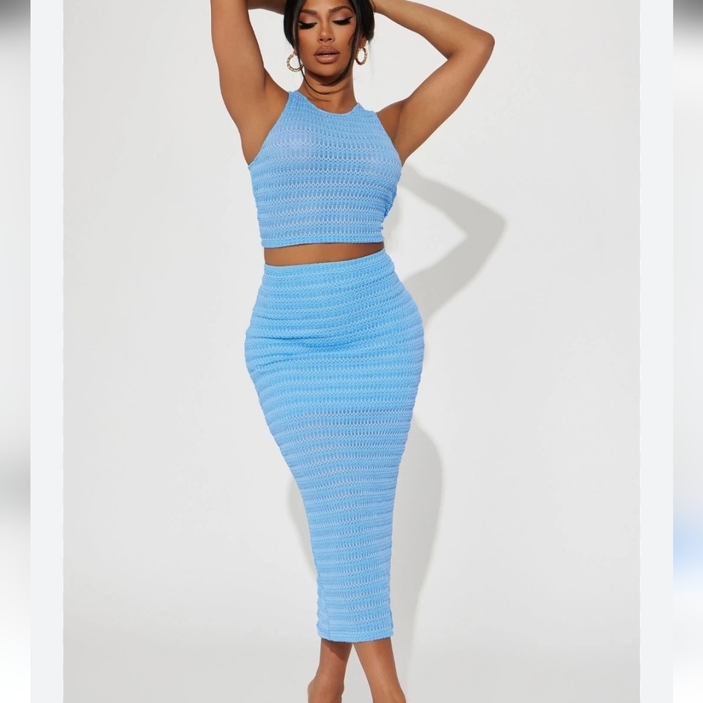 Fashion Nova Sky Blue Crochet Stretch Midi Pencil Skirt Set